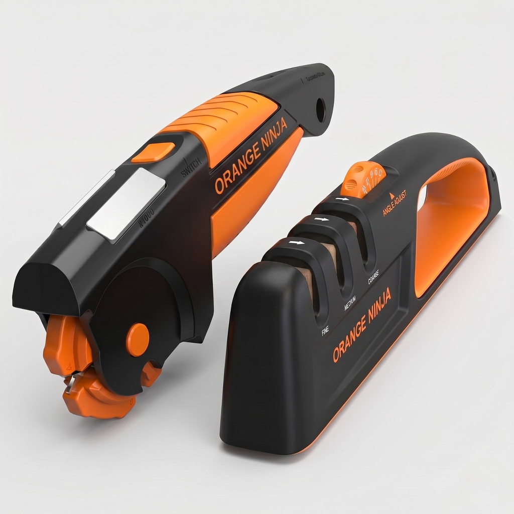 Orange Ninja Adjustable Knife Sharpener — full kit lifestyle